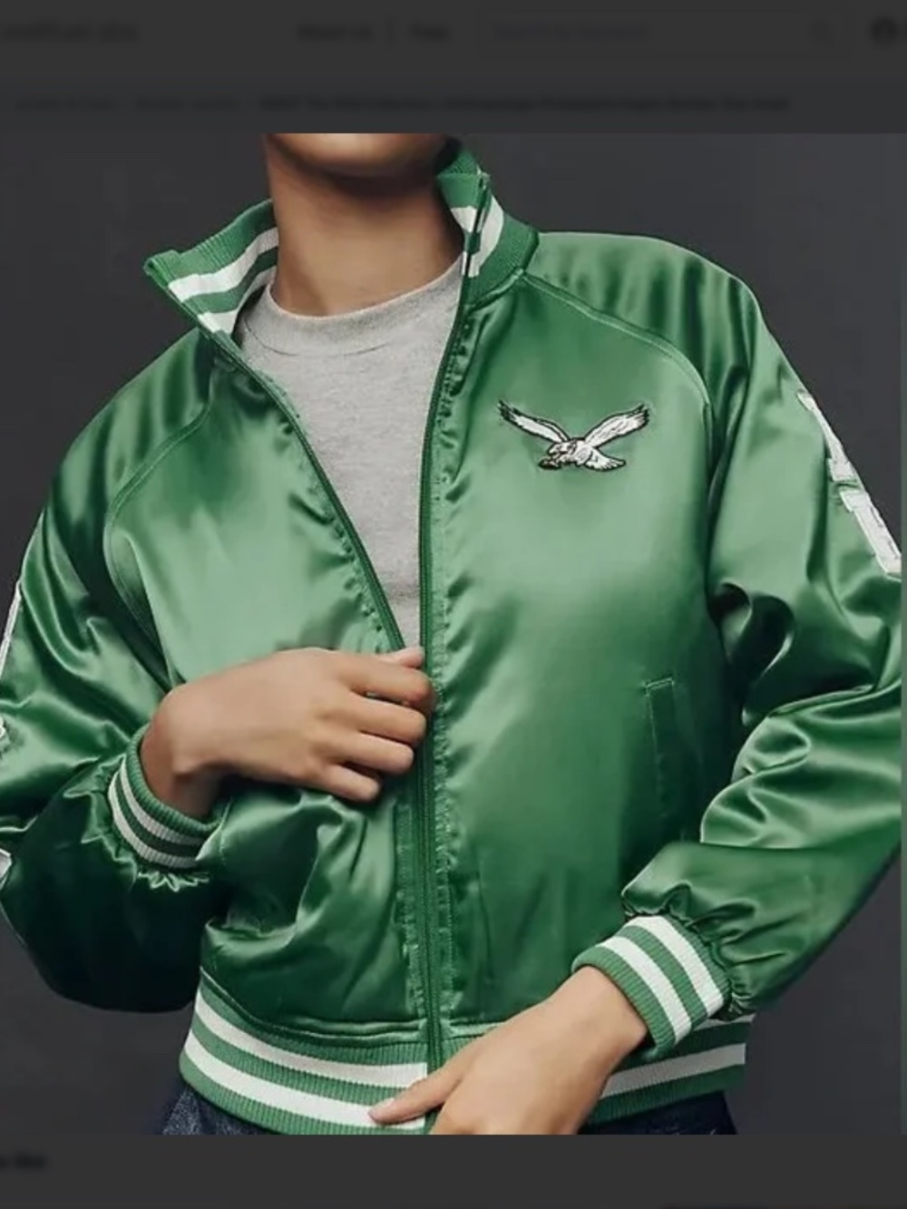 The Wild Collective x Anthropologie Eagles Satin Bomber Jacket Size Small NWT